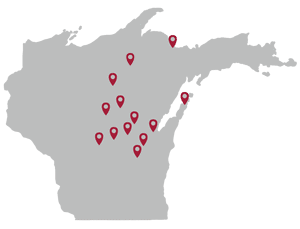 A map of wisconsin with pins on it.